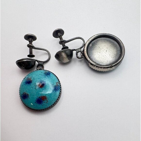 Faux Turquoise Polka Dot Enamel Earrings Silver Tone Clip On Retro Boho - Picture 4 of 6